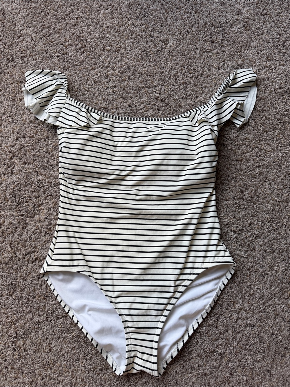 Vince Camuto Black & White Striped Off-Shoulder One-Piece